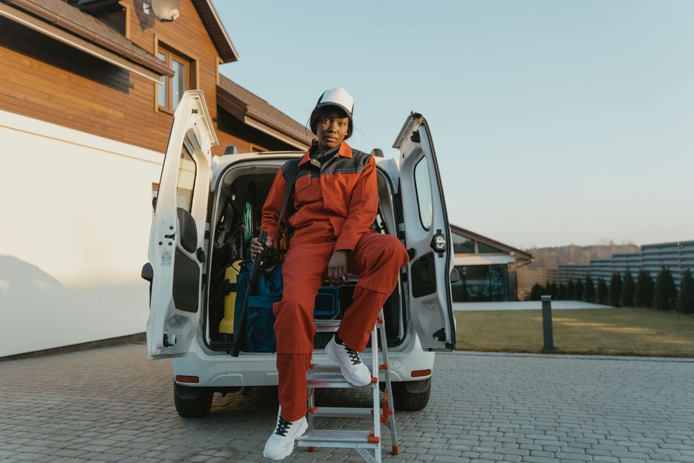 Dana with the van in a customer's driveway