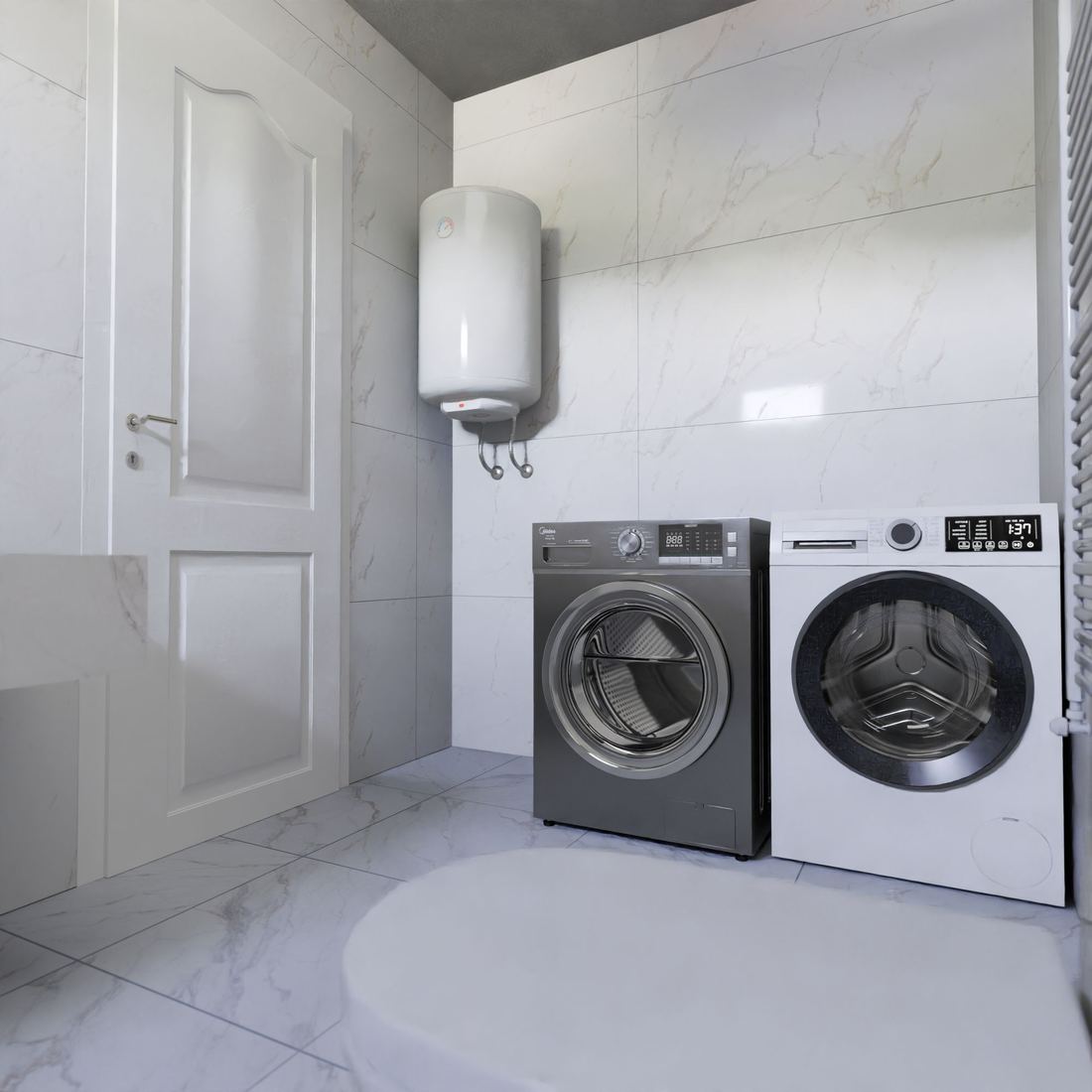 A wall-hung tank water heater above a washer and dryer